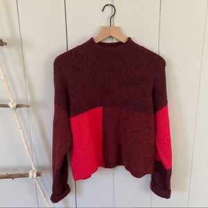 Red Colorblock Turtleneck Oversized Chunky Sweater